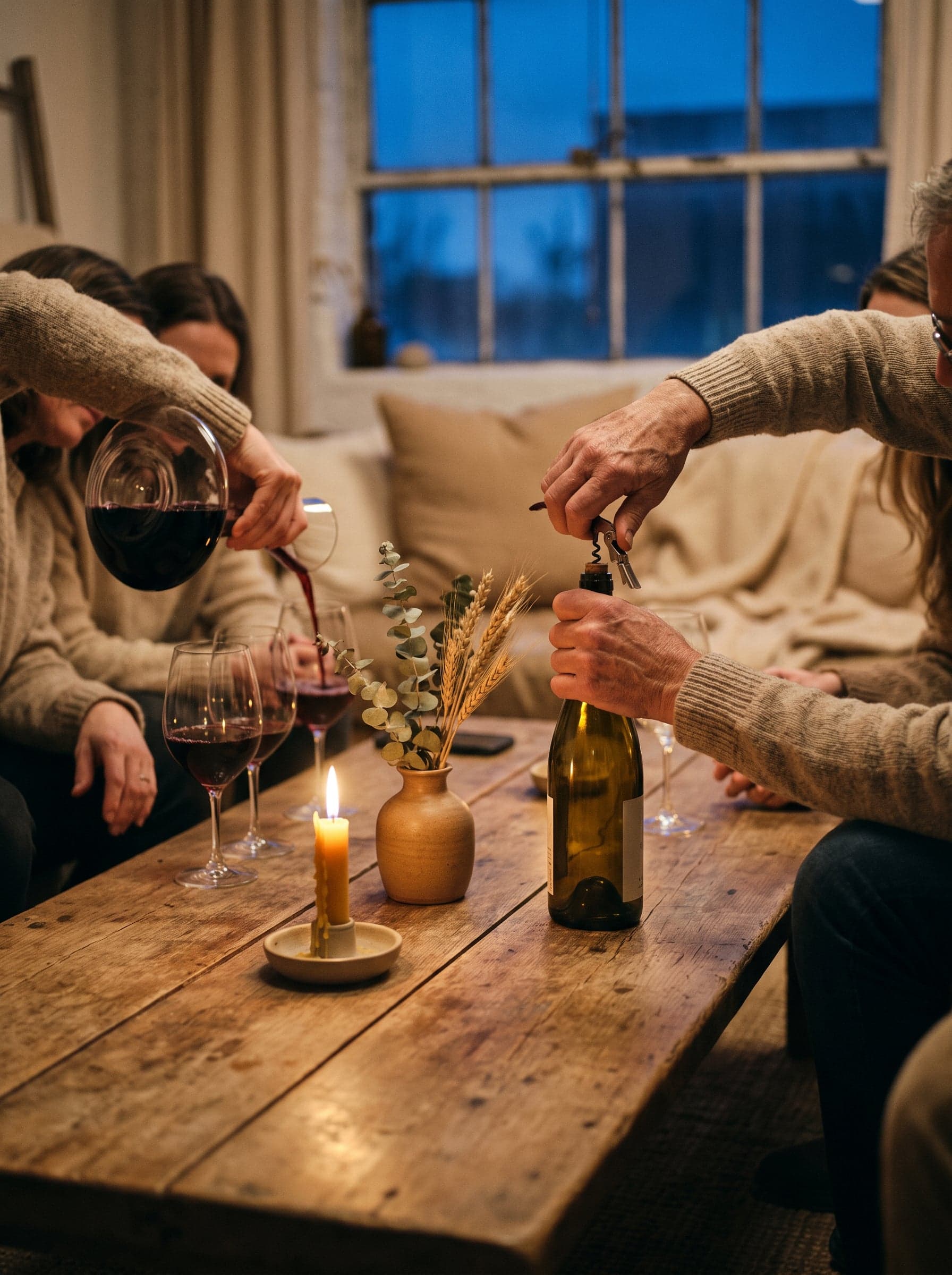 Hände öffnen eine zweite Flasche am Tisch, eine Karaffe beim Einschenken, eine brennende Kerze und Trockenblumen.